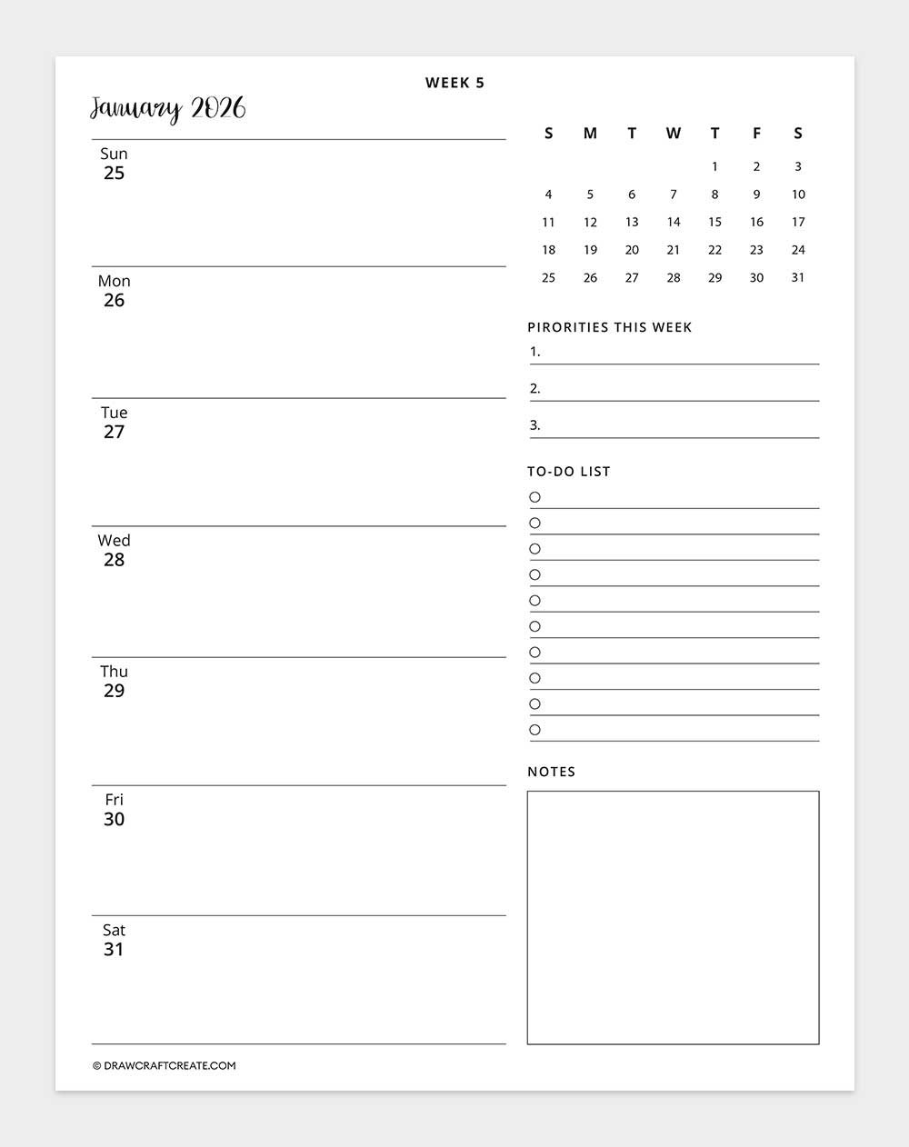 2026 weekly calendar - week 5
