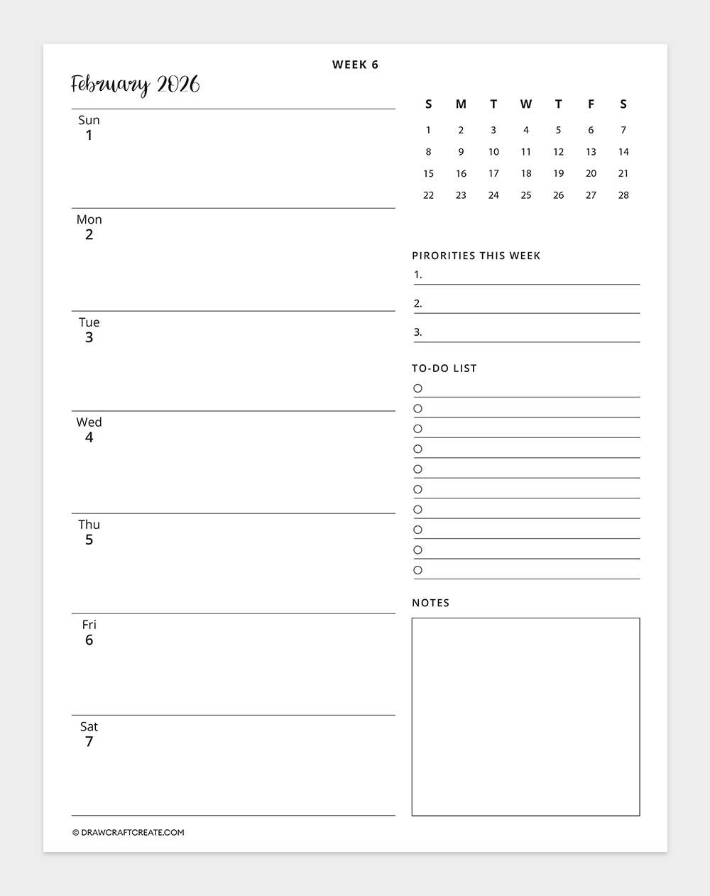 2026 weekly calendar week 6