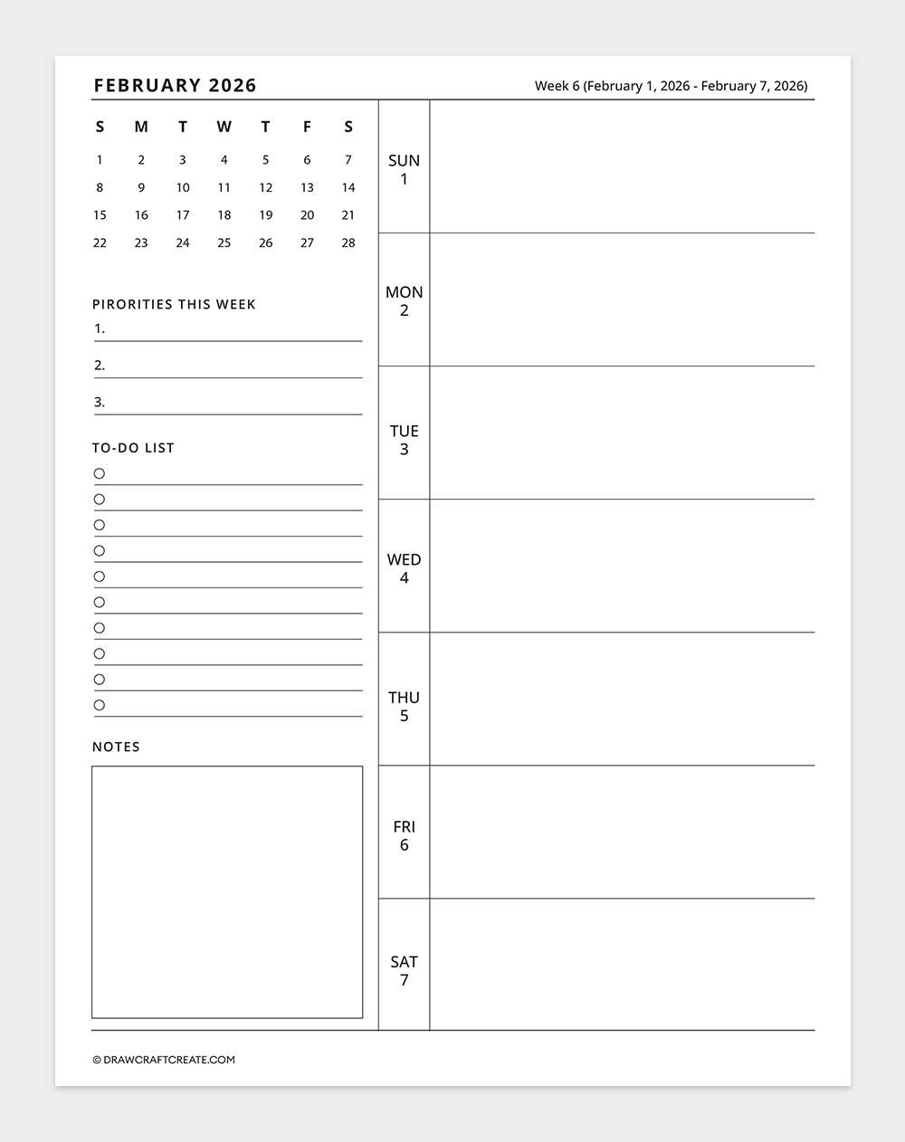 2026 weekly calendar week 6