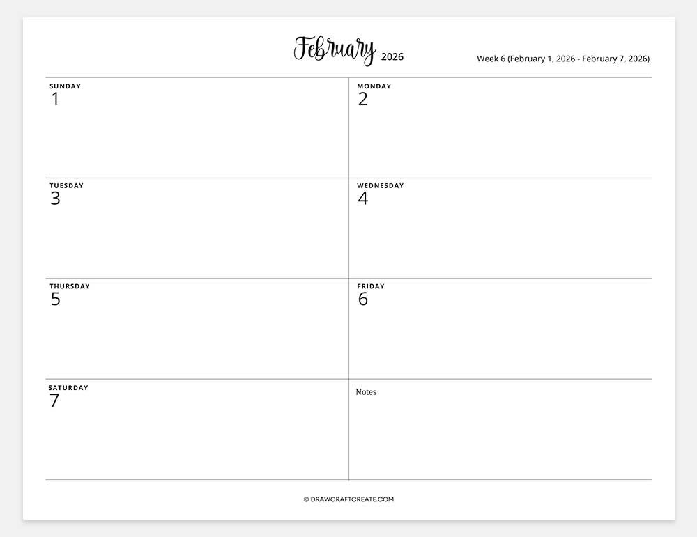 2026 weekly calendar week 6