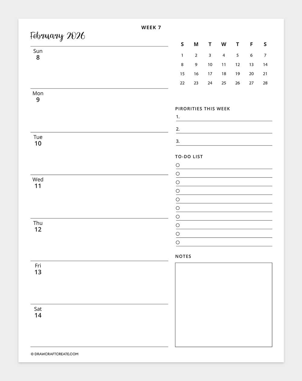 2026 weekly calendar week 7