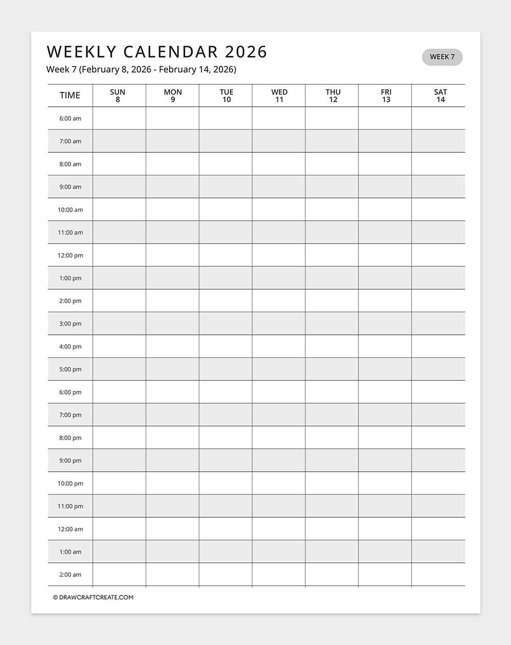 2026 weekly calendar week 7
