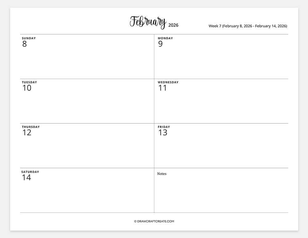 2026 weekly calendar week 7
