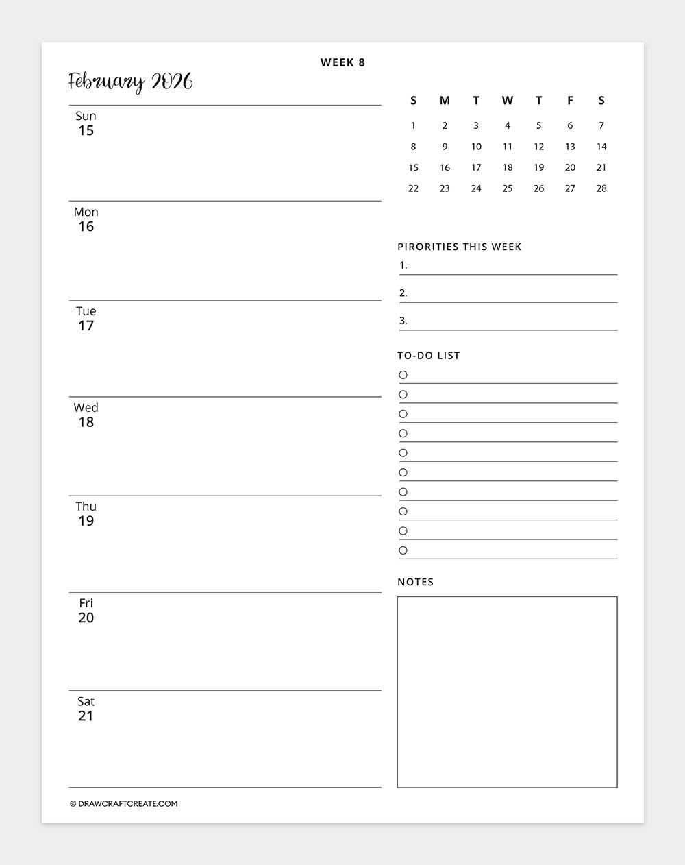 2026 weekly calendar week 8