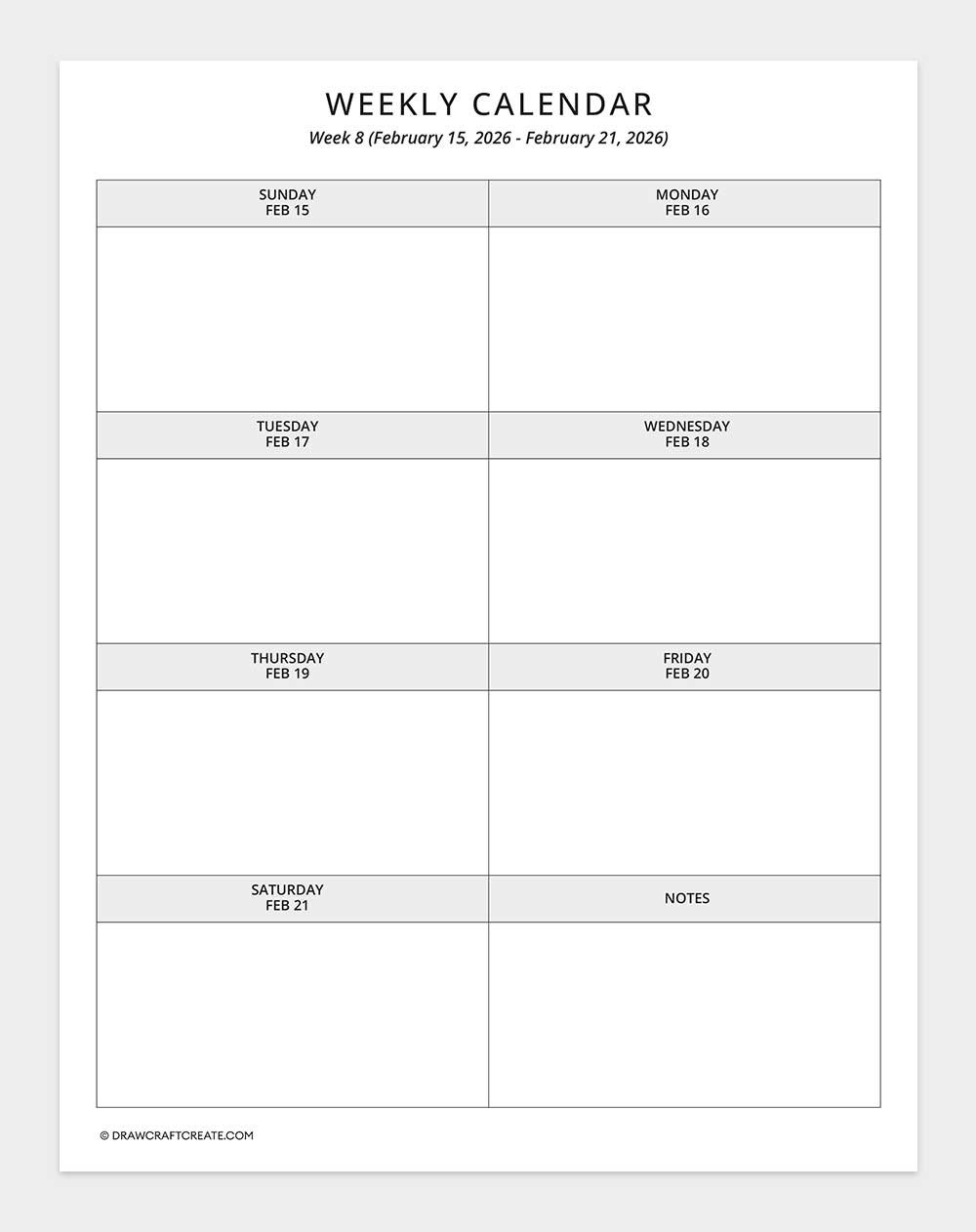 2026 weekly calendar week 8
