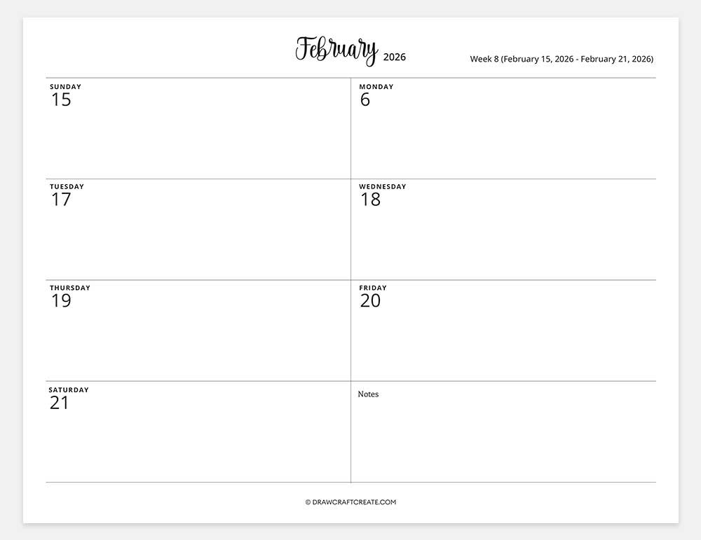 2026 weekly calendar week 8