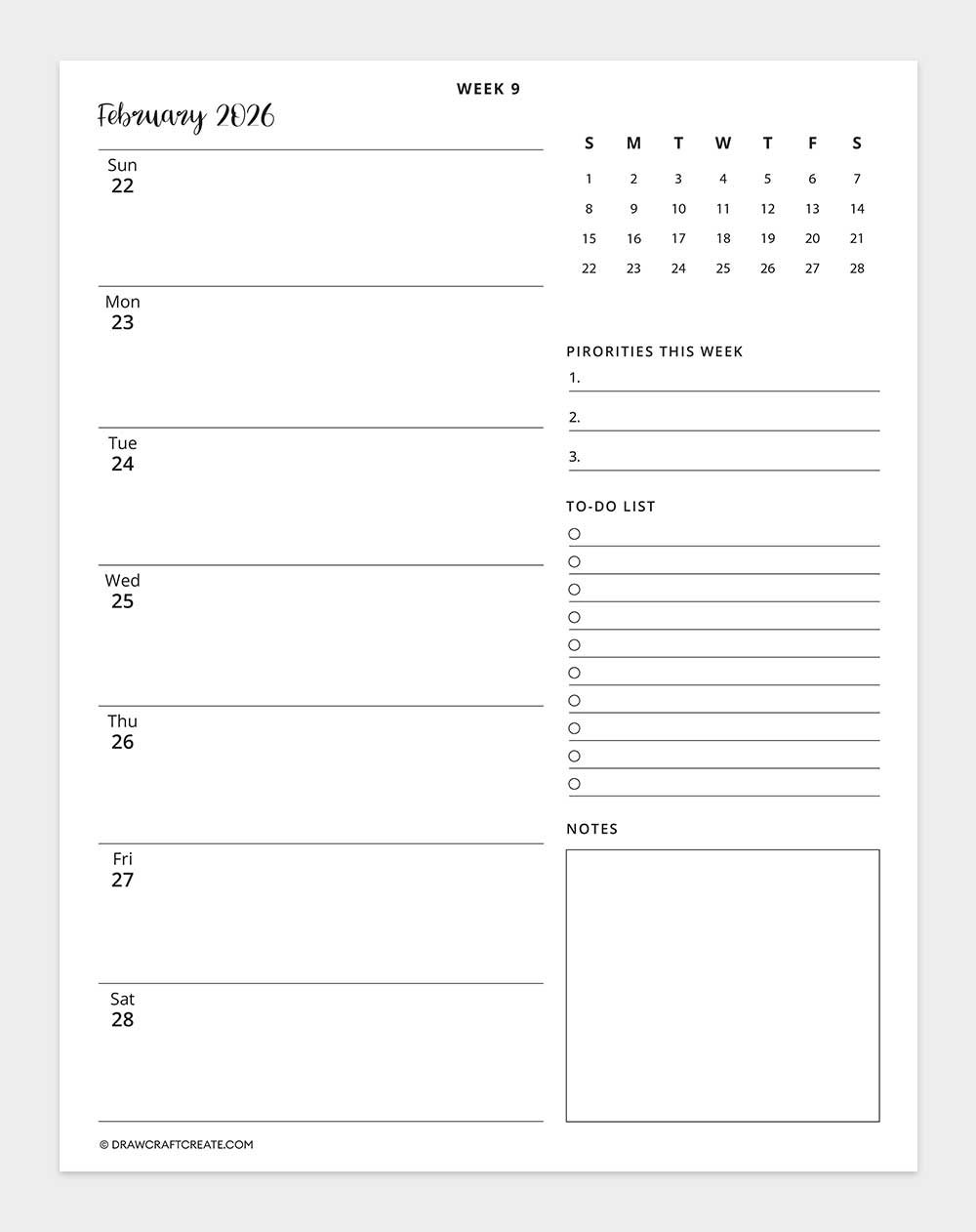 2026 weekly calendar week 9
