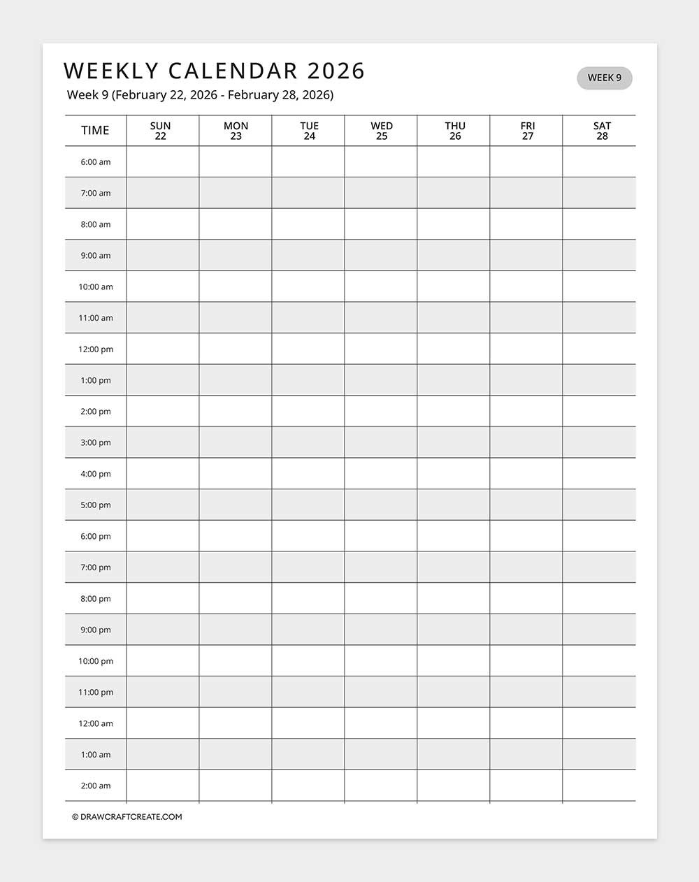 2026 weekly calendar week 9