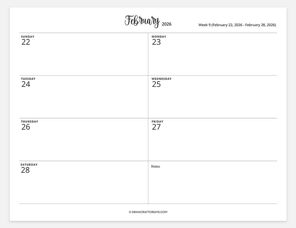 2026 weekly calendar week 9