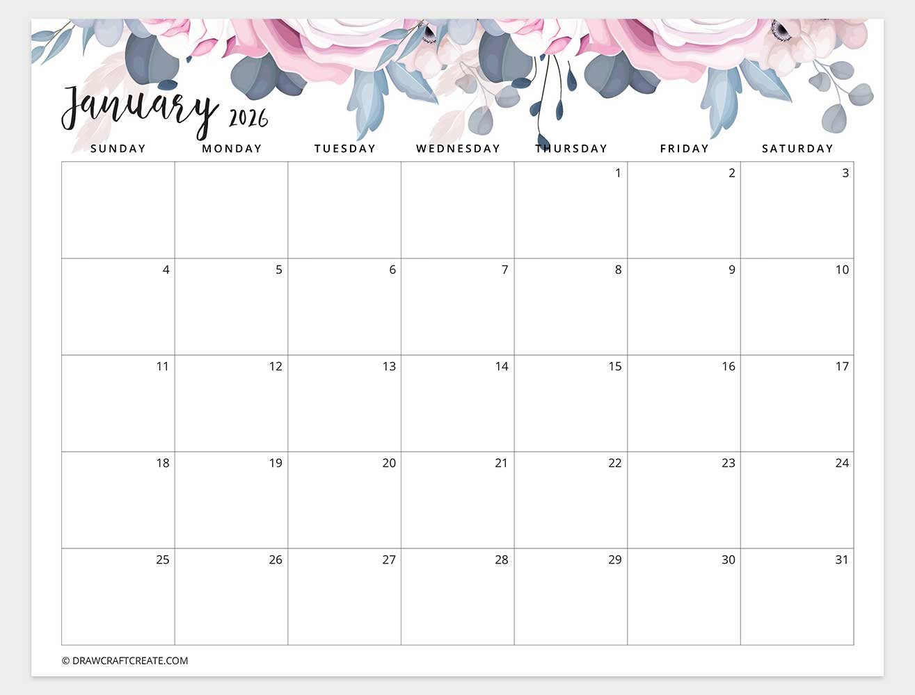 free printable january 2026 calendar
