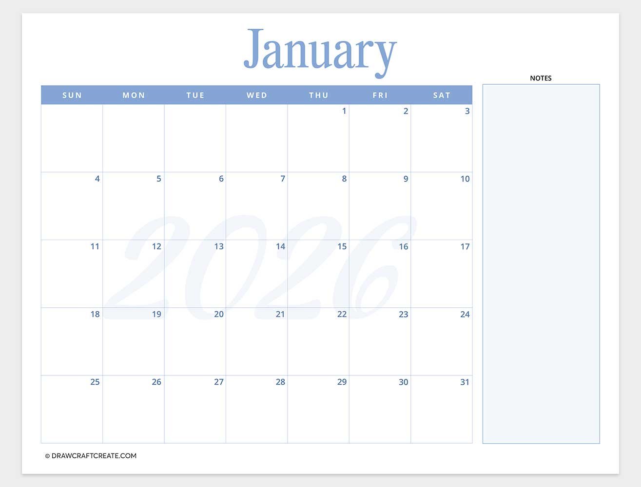 free printable january 2026 calendar