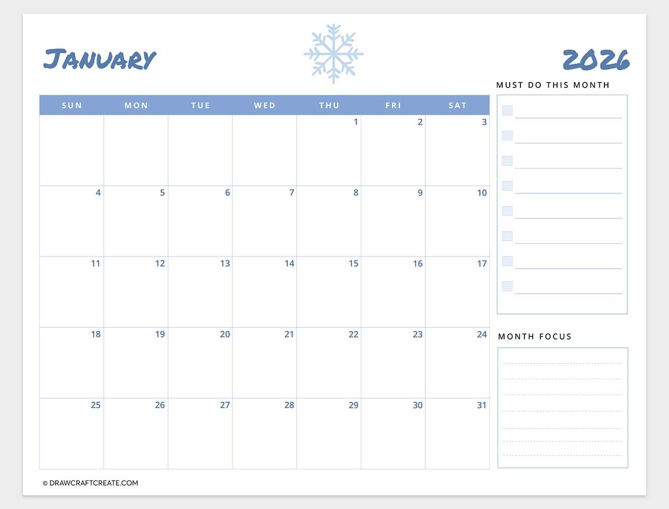 free printable january 2026 calendar