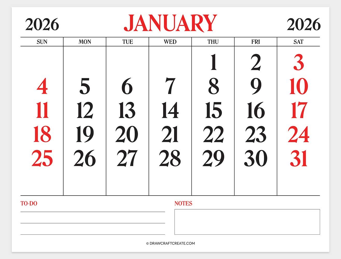 free printable january 2026 calendar
