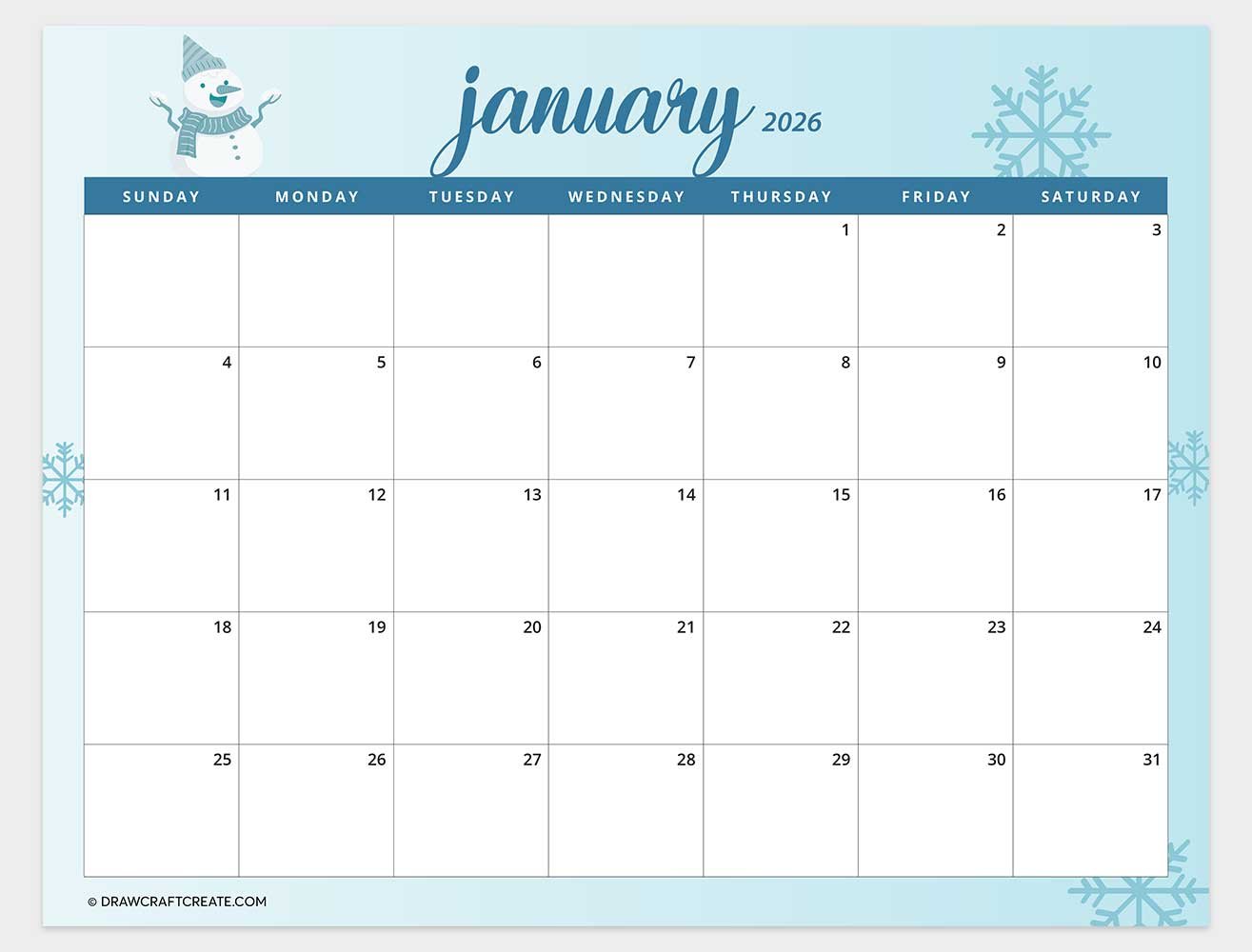 free printable january 2026 calendar