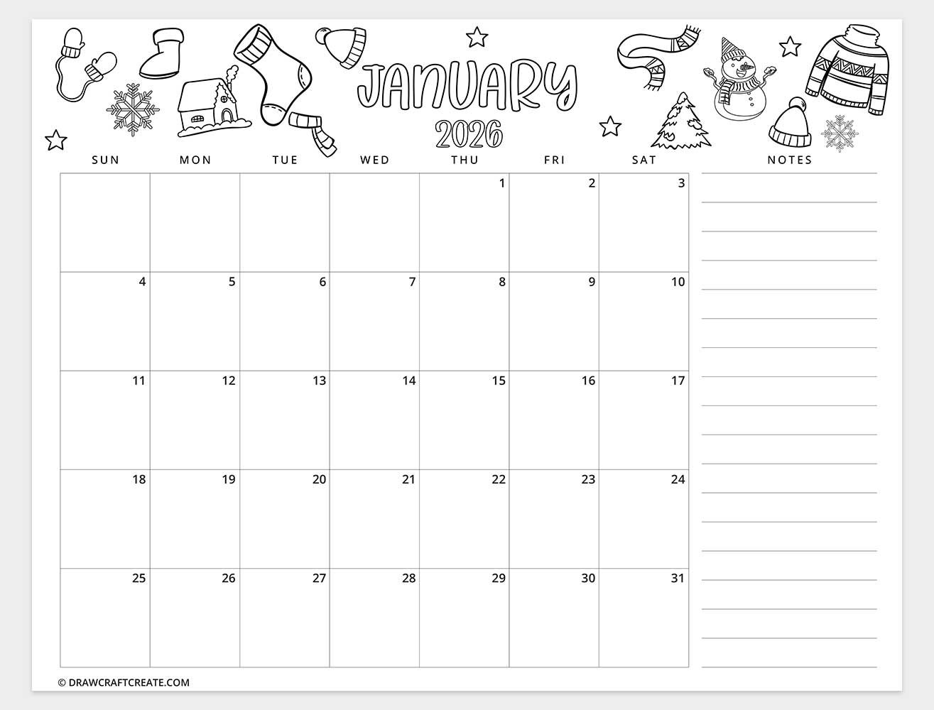 free printable january 2026 calendar