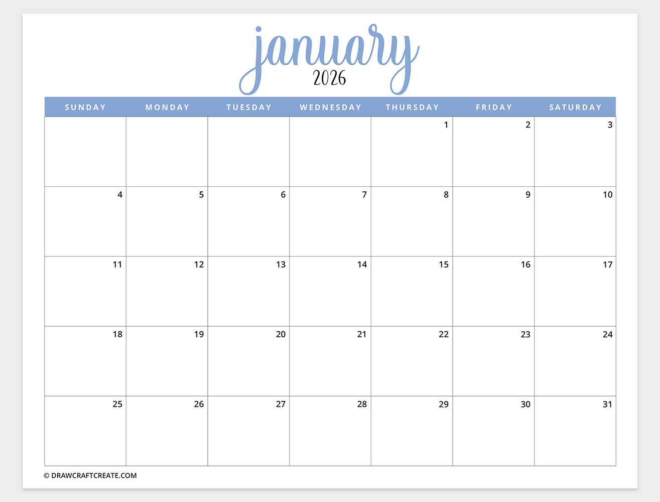 free printable january 2026 calendar