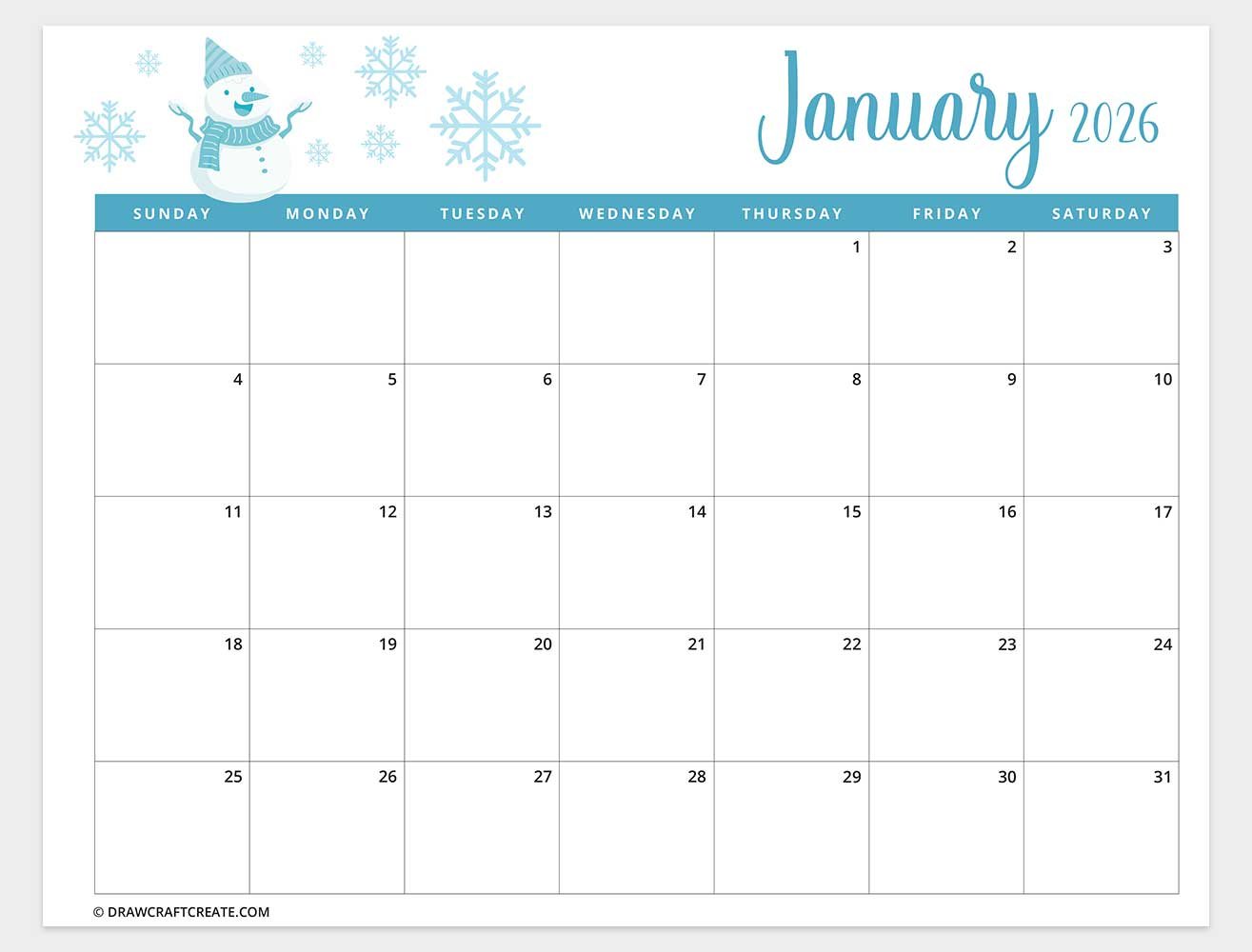 free printable january 2026 calendar