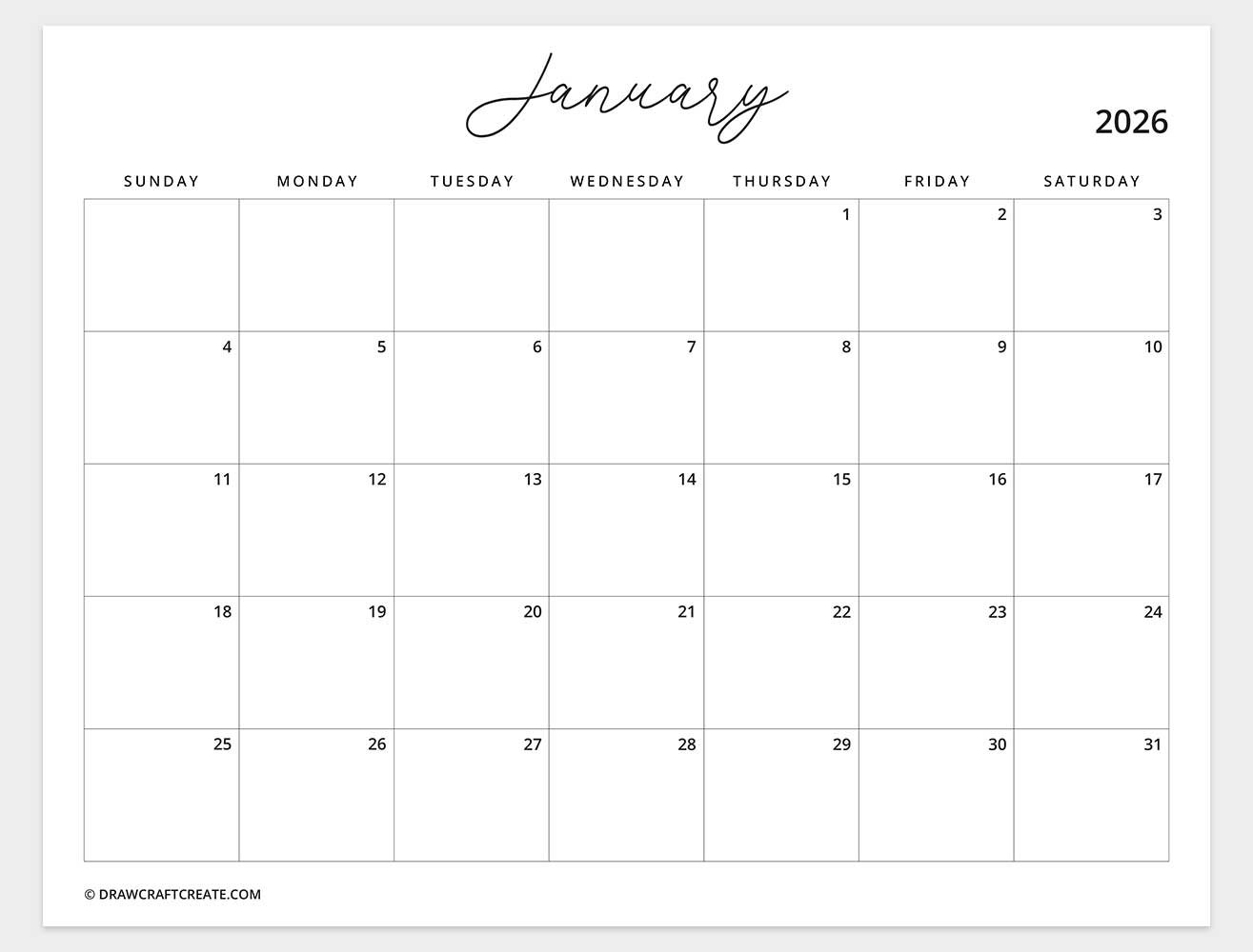 free printable january 2026 calendar