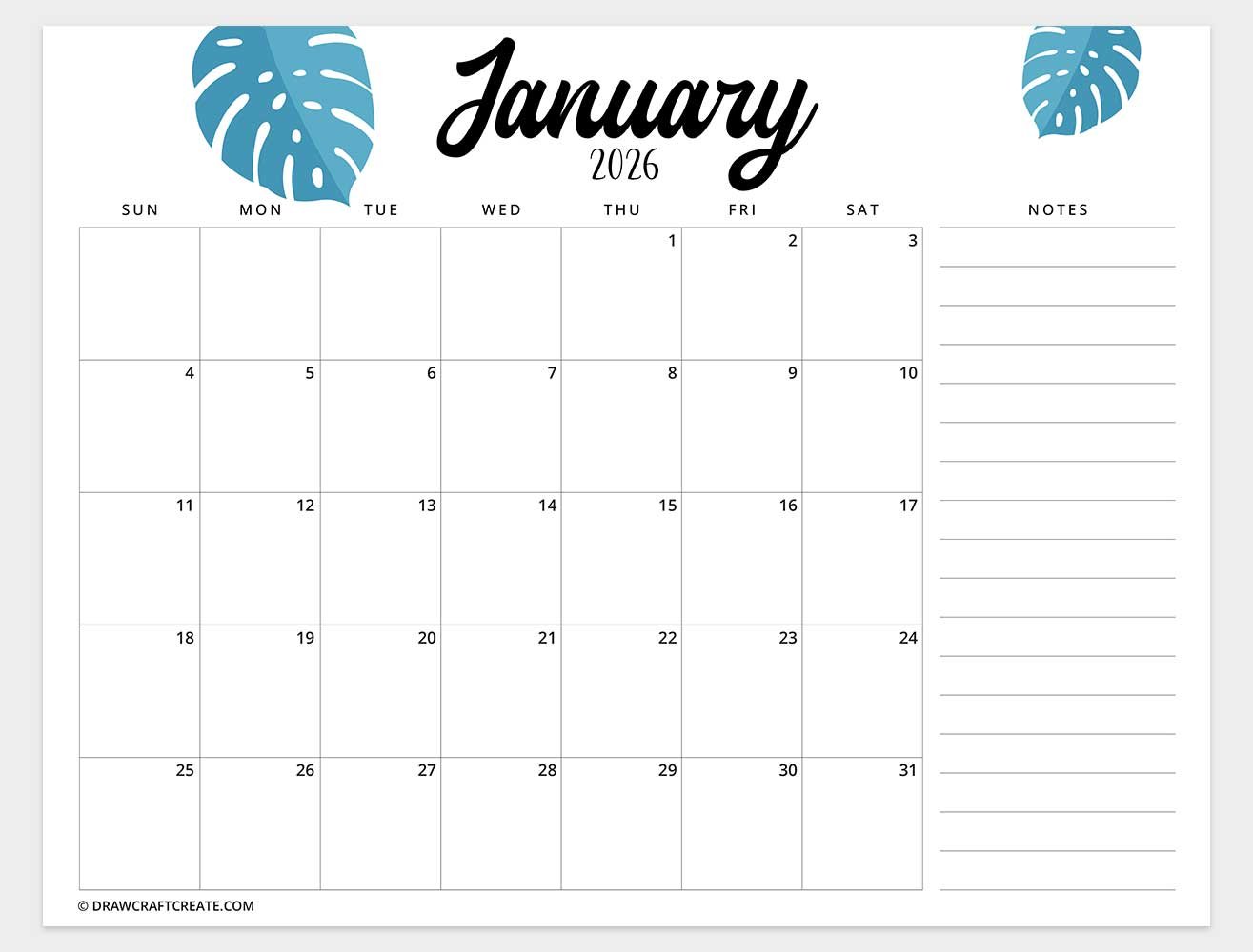 free printable january 2026 calendar