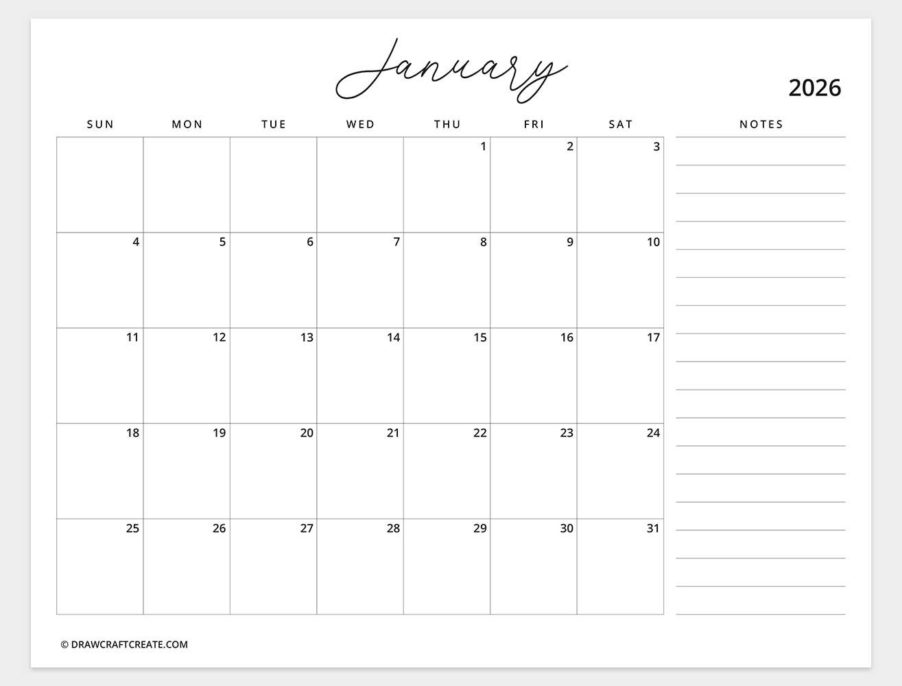 free printable january 2026 calendar