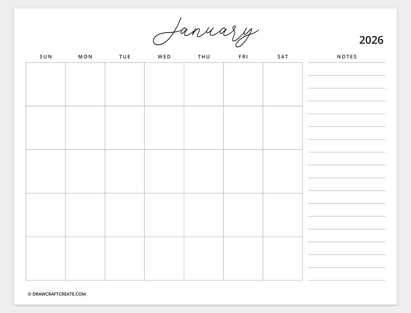 free printable january 2026 calendar