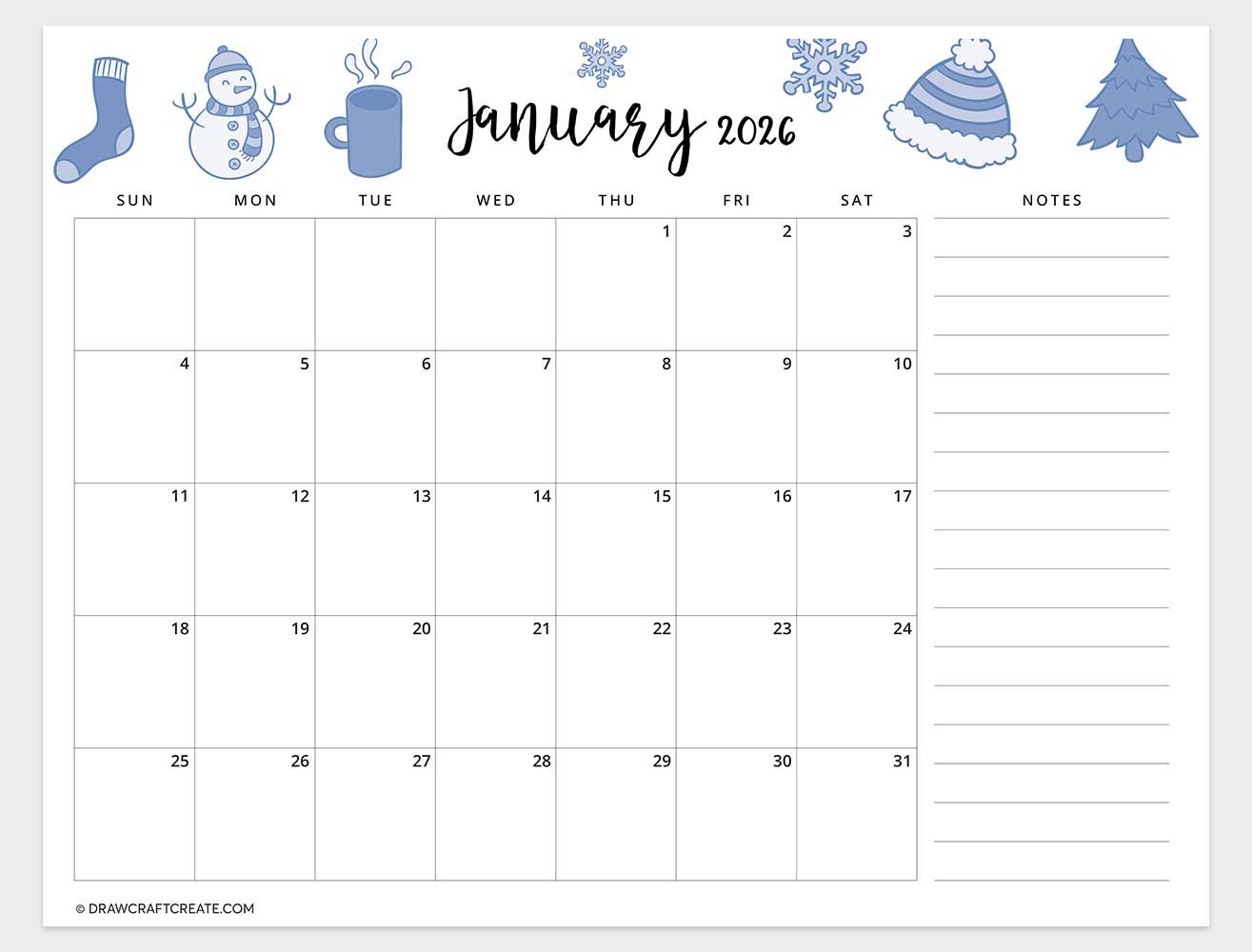 free printable january 2026 calendar