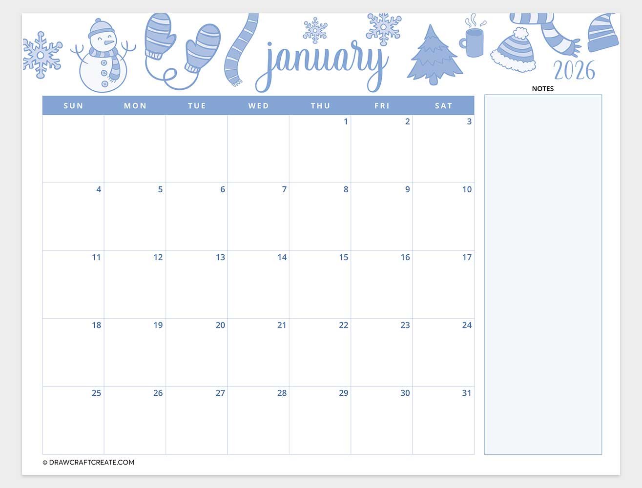 free printable january 2026 calendar