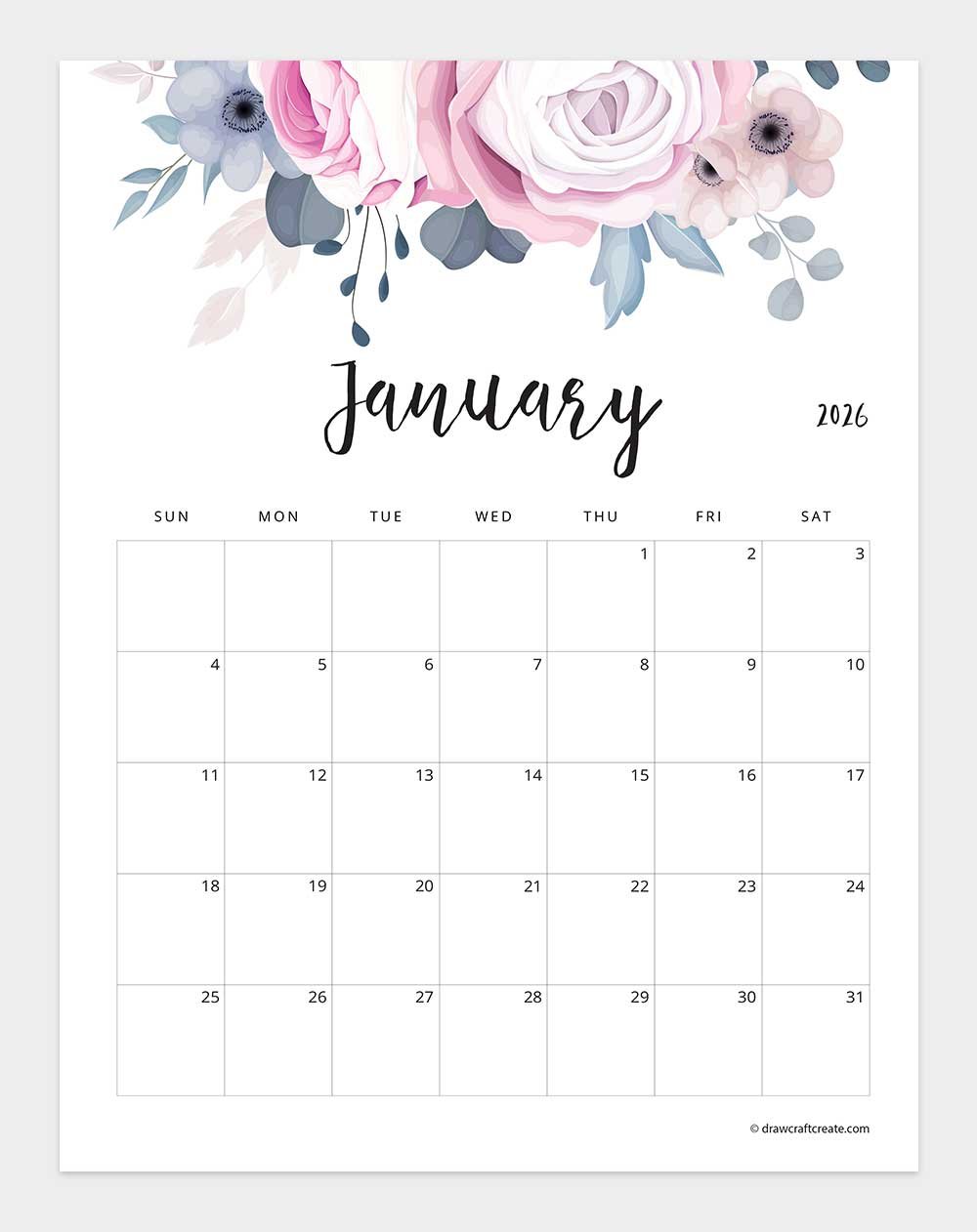 free printable january 2026 calendar