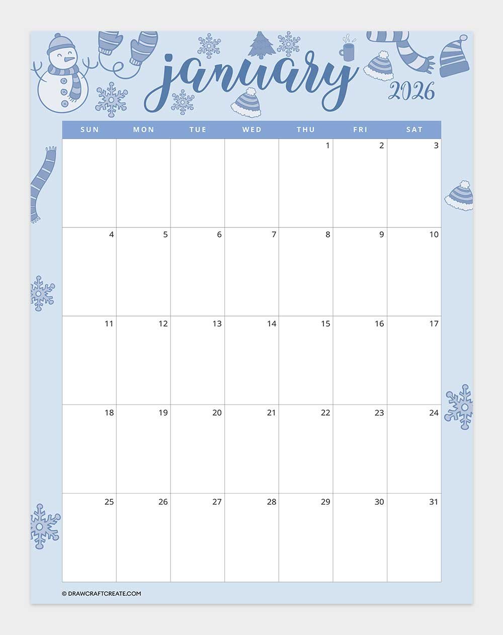free printable january 2026 calendar