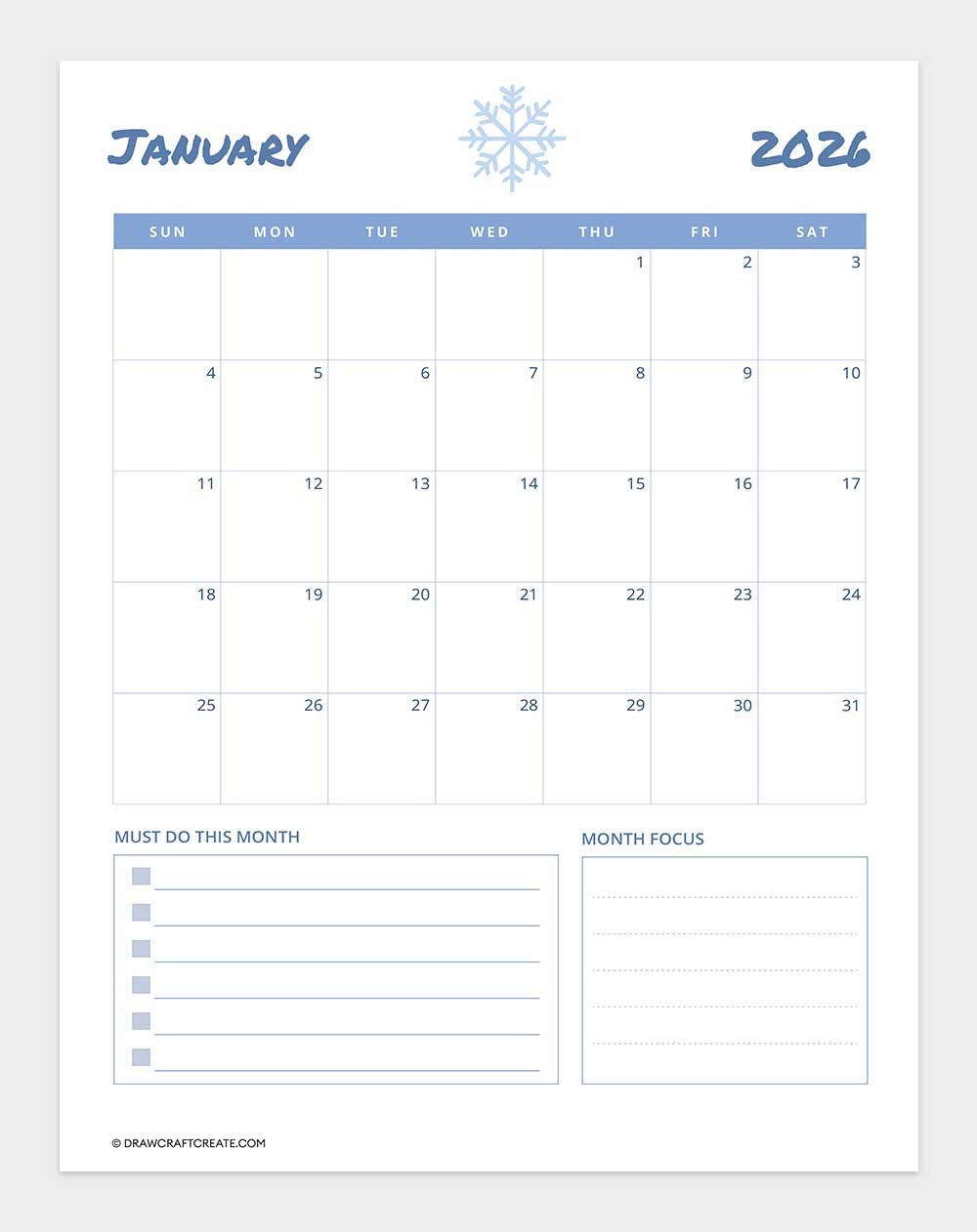 free printable january 2026 calendar
