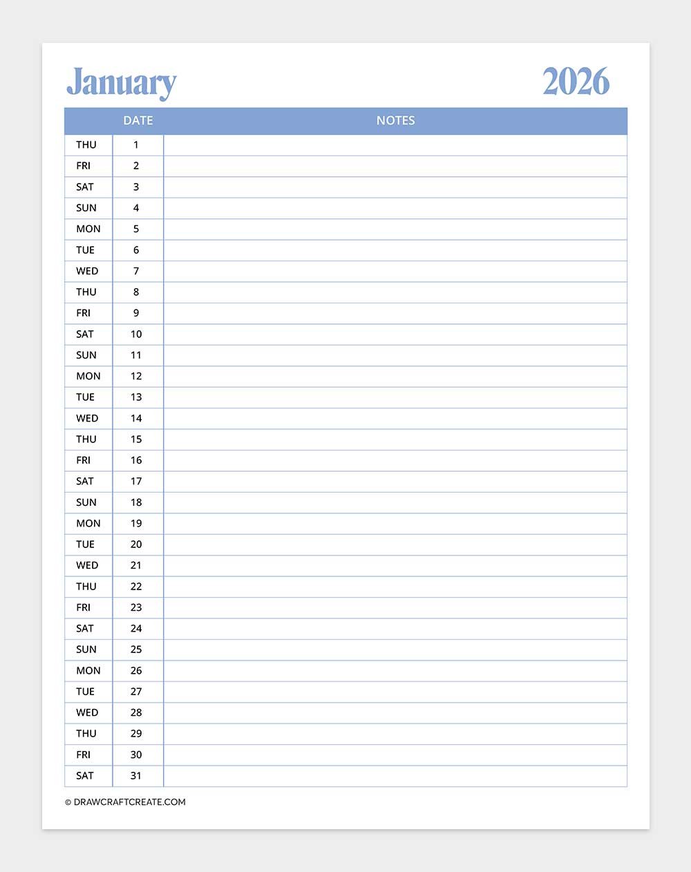 free printable january 2026 calendar