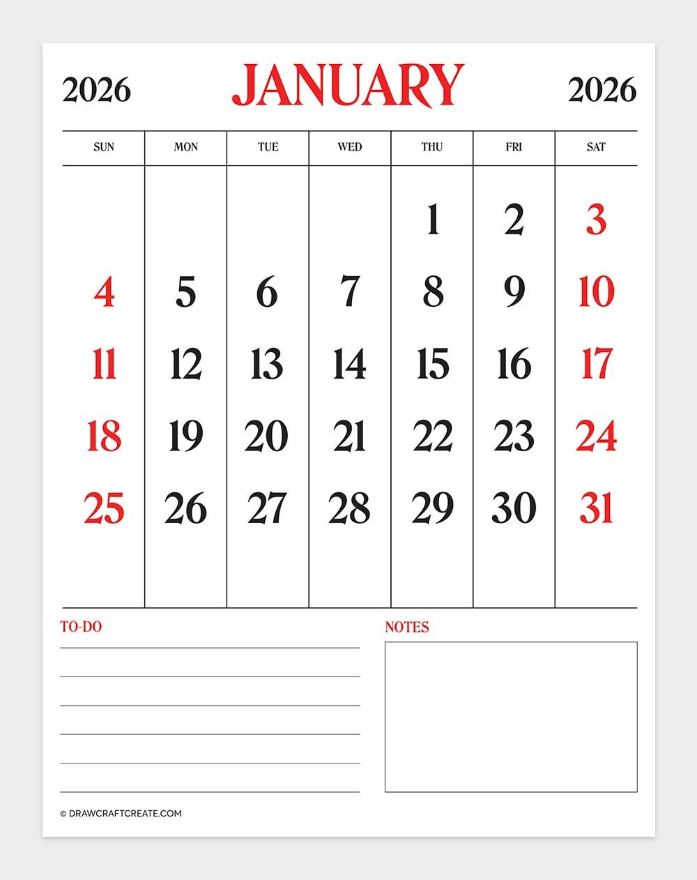 free printable january 2026 calendar