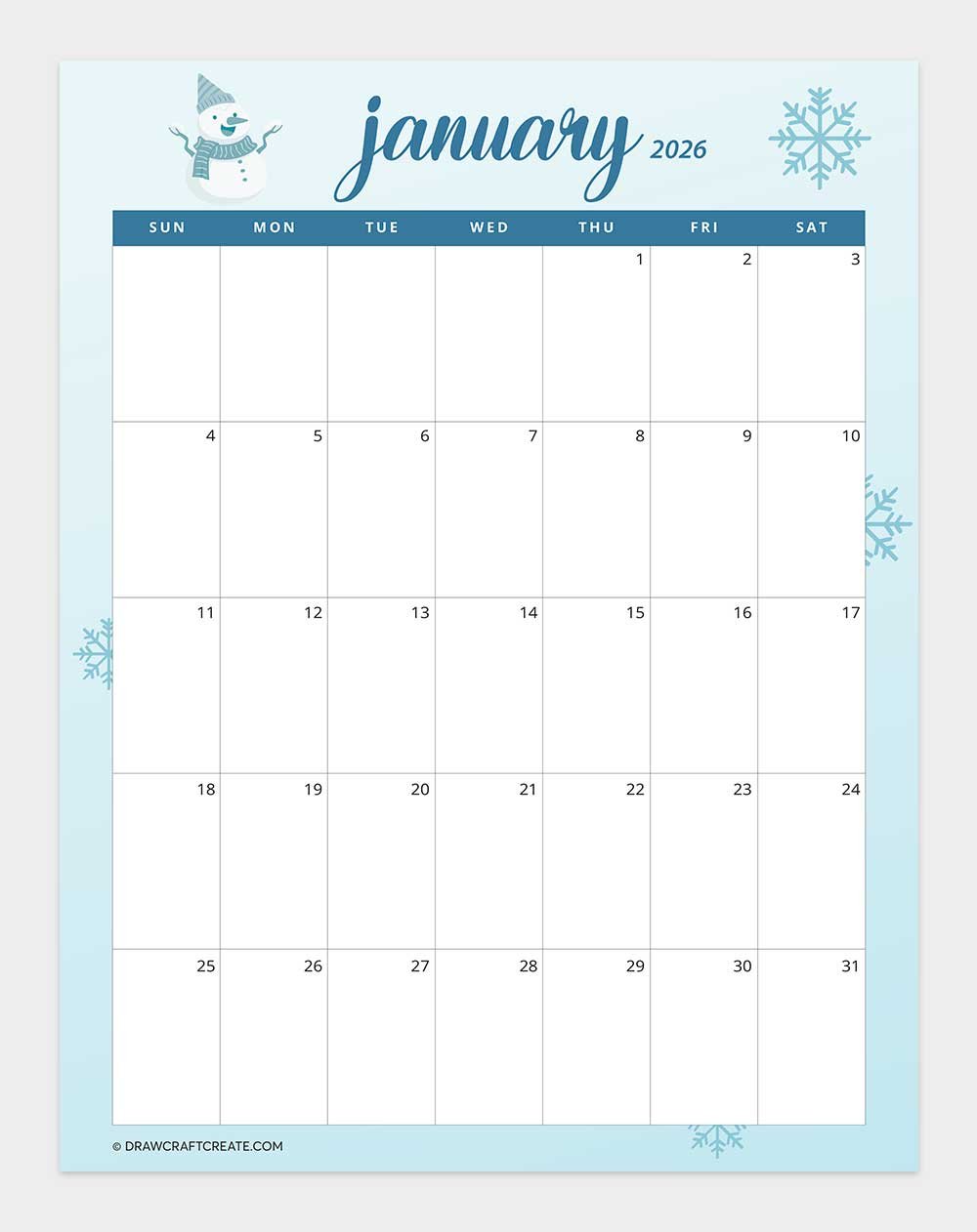 free printable january 2026 calendar