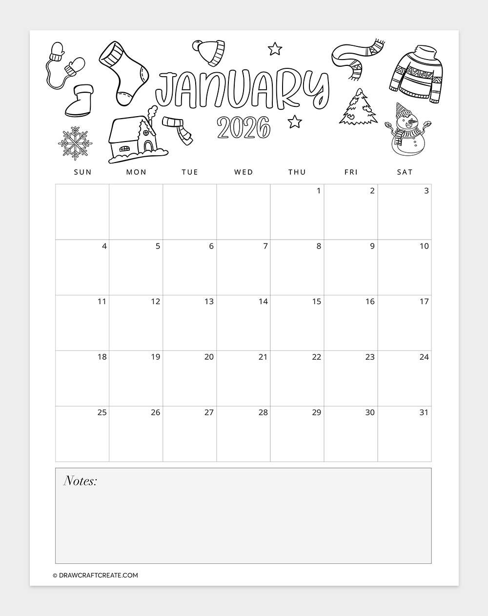 free printable january 2026 calendar