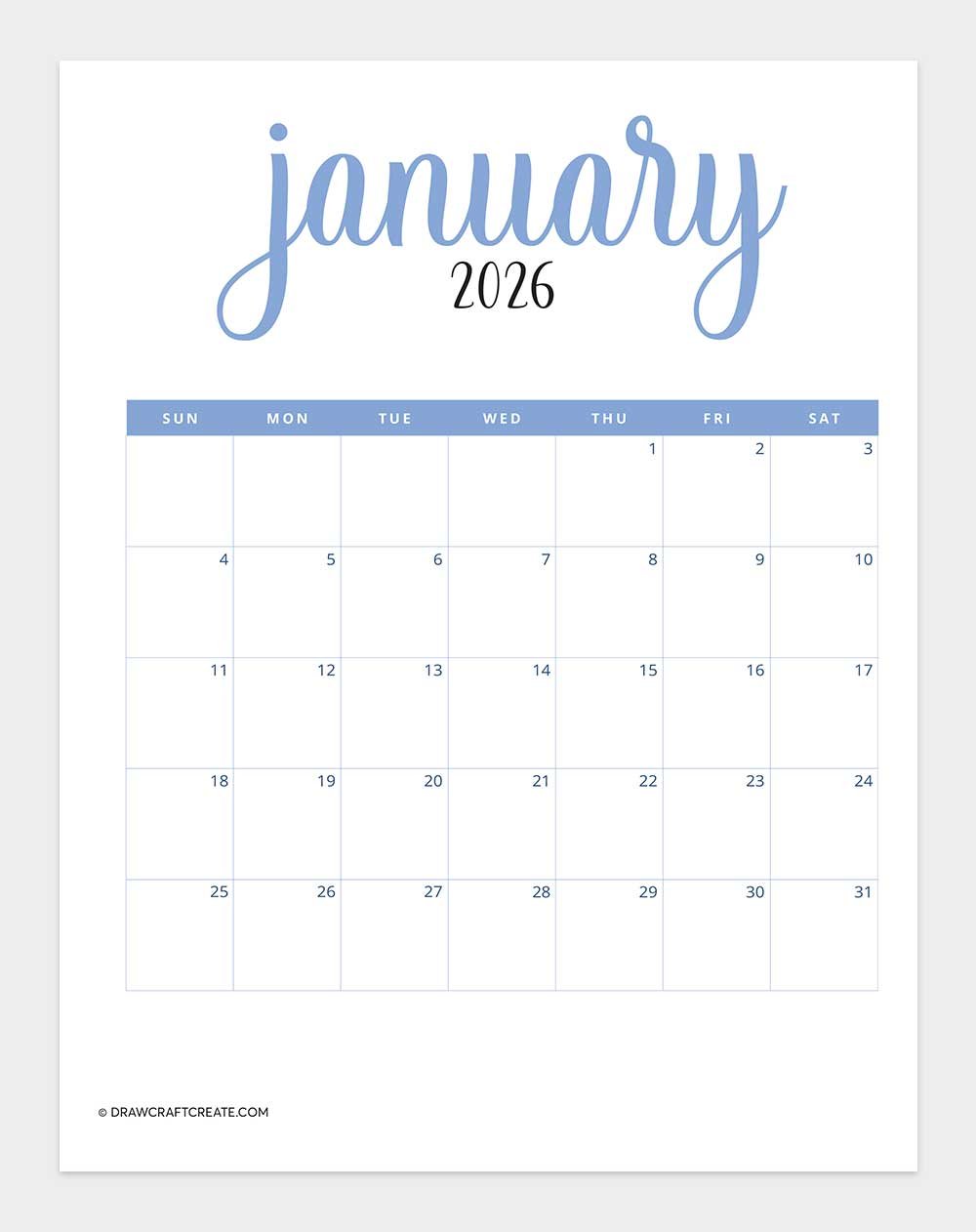 free printable january 2026 calendar