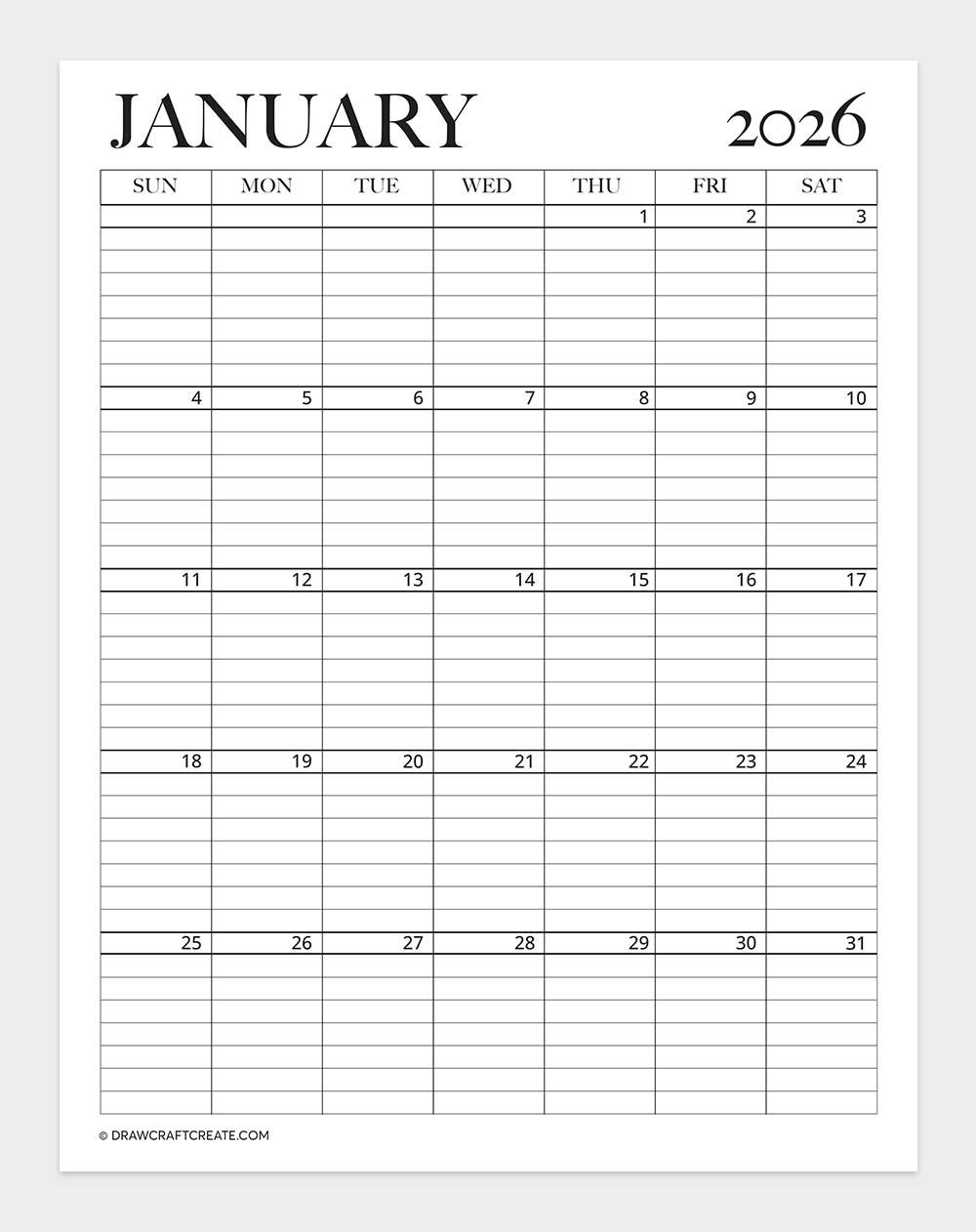 free printable january 2026 calendar