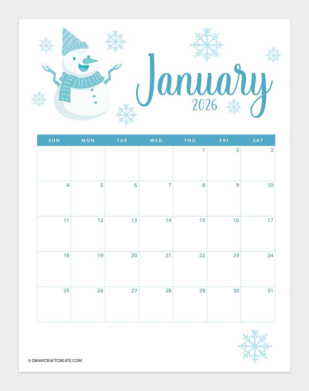 free printable january 2026 calendar