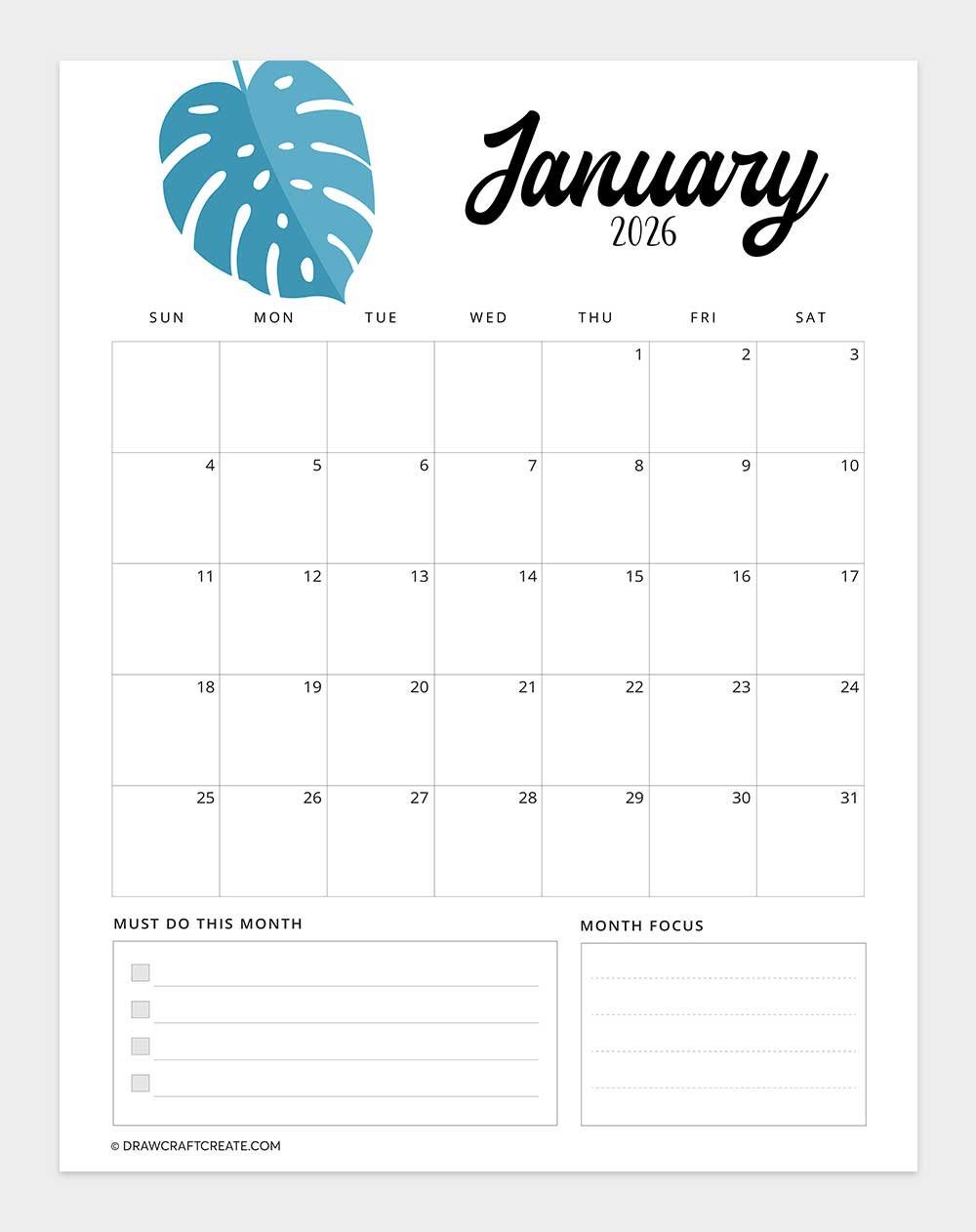 free printable january 2026 calendar