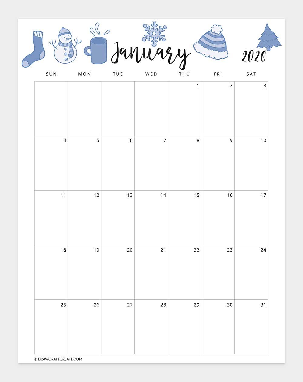 free printable january 2026 calendar