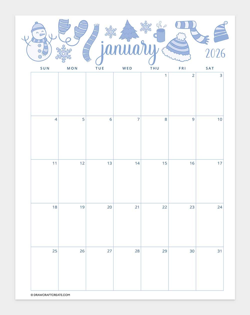 free printable january 2026 calendar