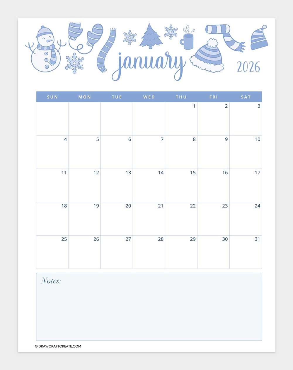 free printable january 2026 calendar