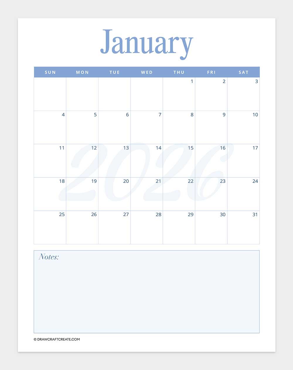 free printable january 2026 calendar