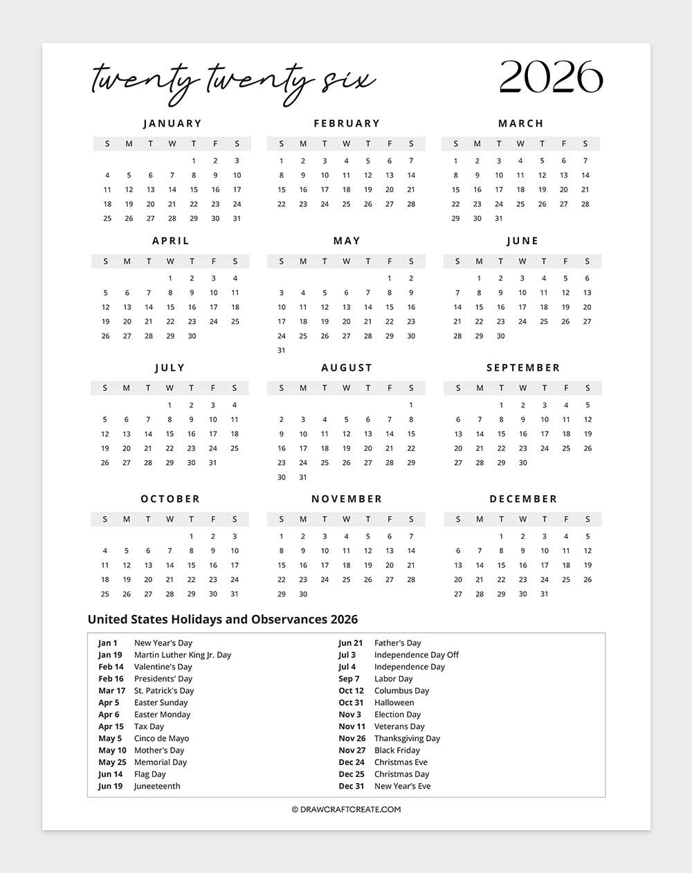 free printable united states holiday calendar 2026