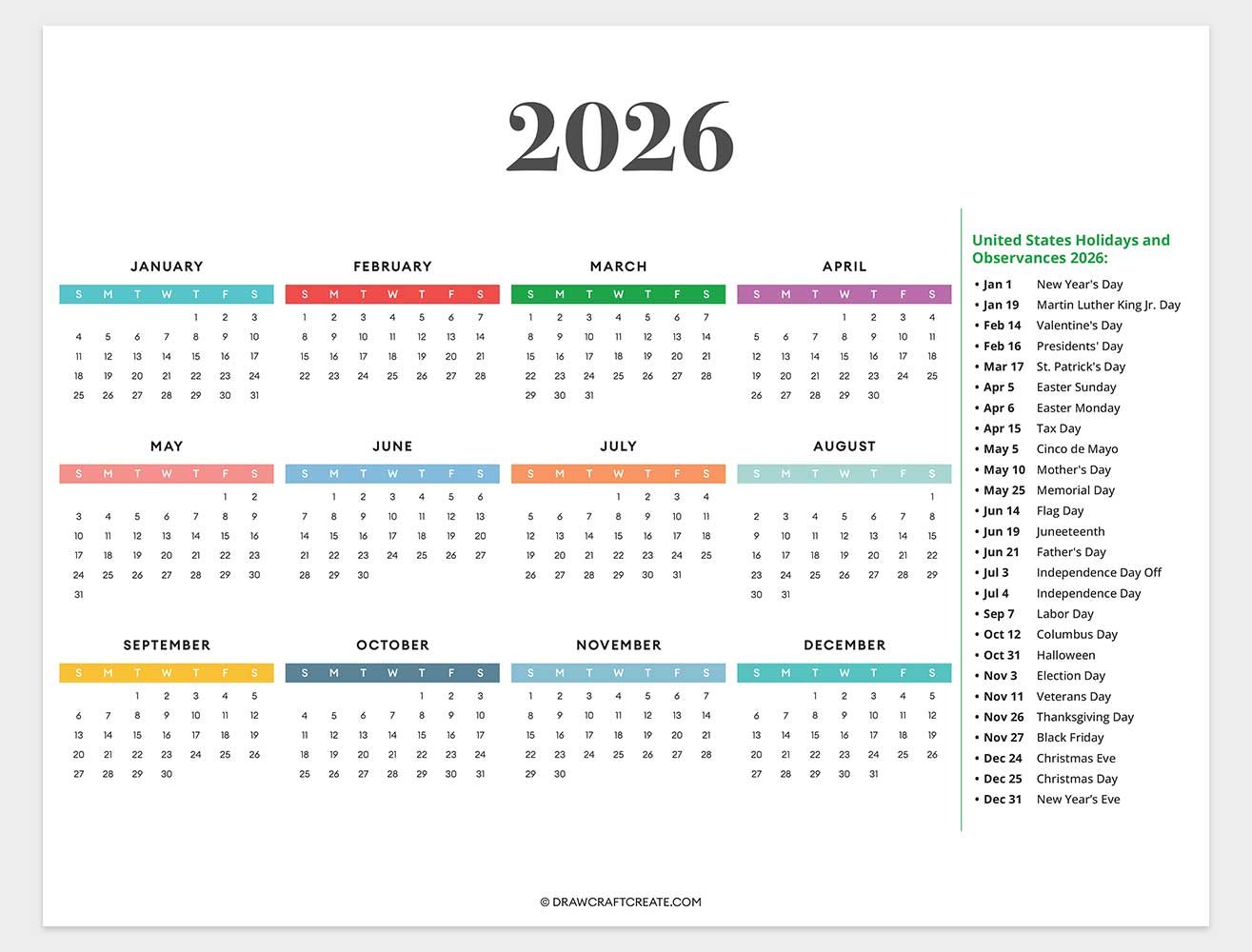Free Printable United States Holiday Calendar 2026 Draw Craft Create