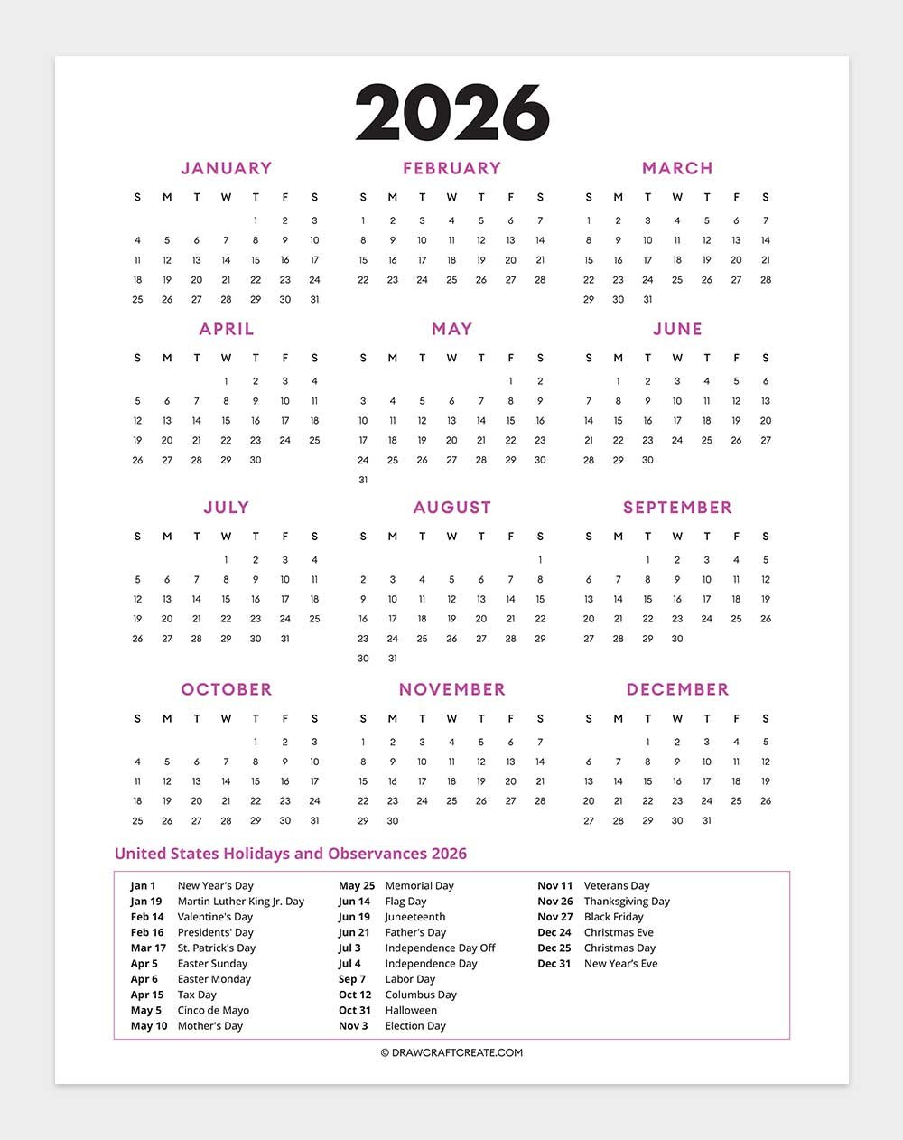 free printable united states holiday calendar 2026