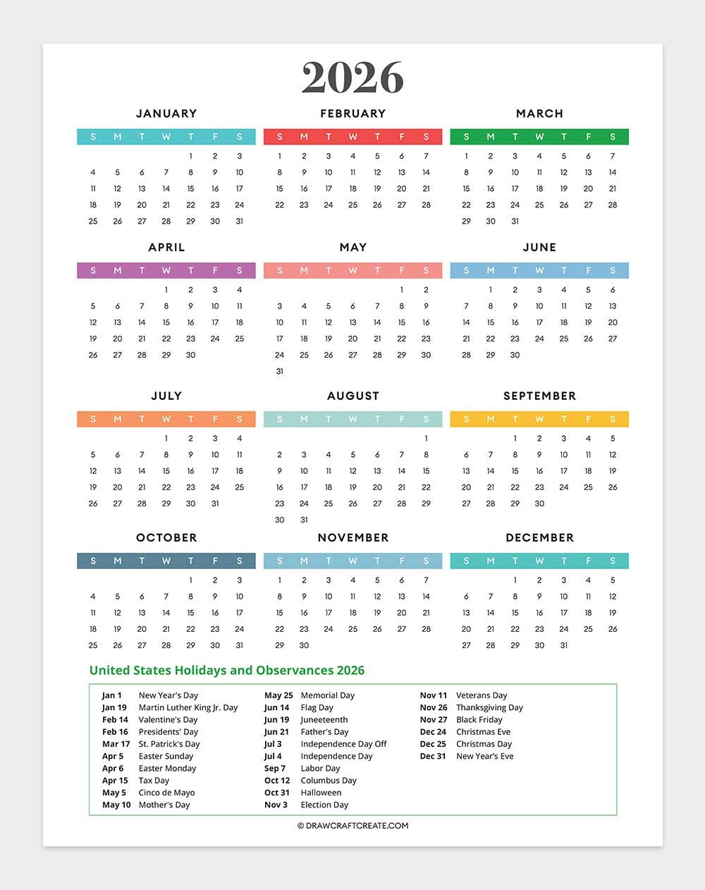 free printable united states holiday calendar 2026