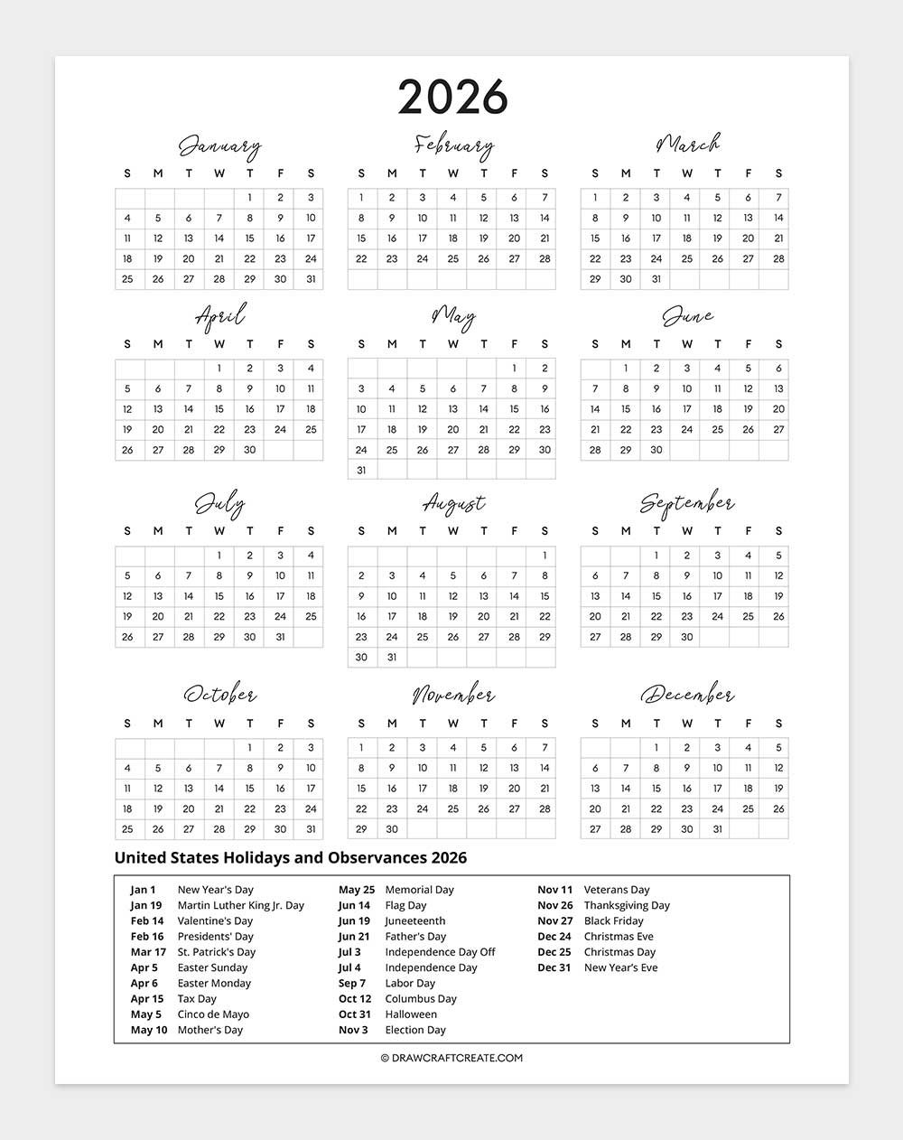 free printable united states holiday calendar 2026
