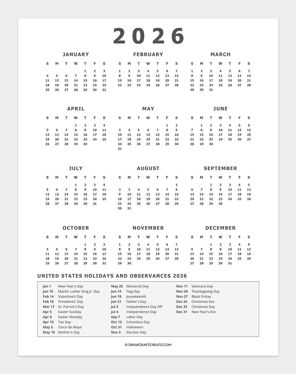 free printable united states holiday calendar 2026