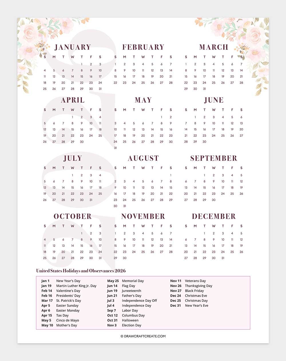 free printable united states holiday calendar 2026