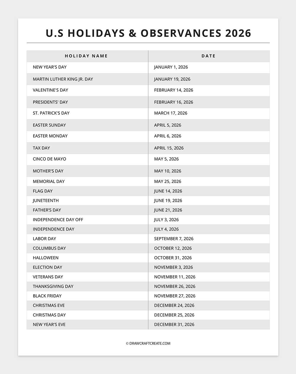 free printable united states holiday calendar 2026